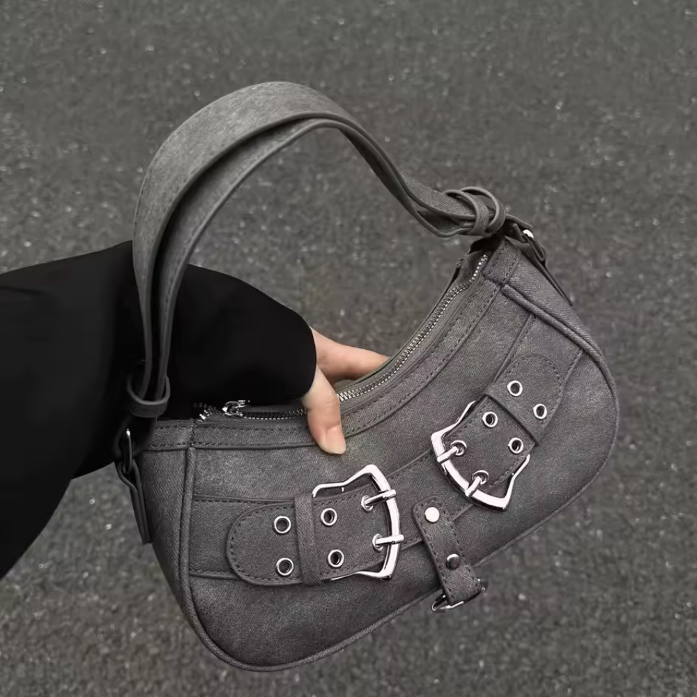 Sac Bandoulière en Cuir Végan Gris | Design Élégant à Double Boucle