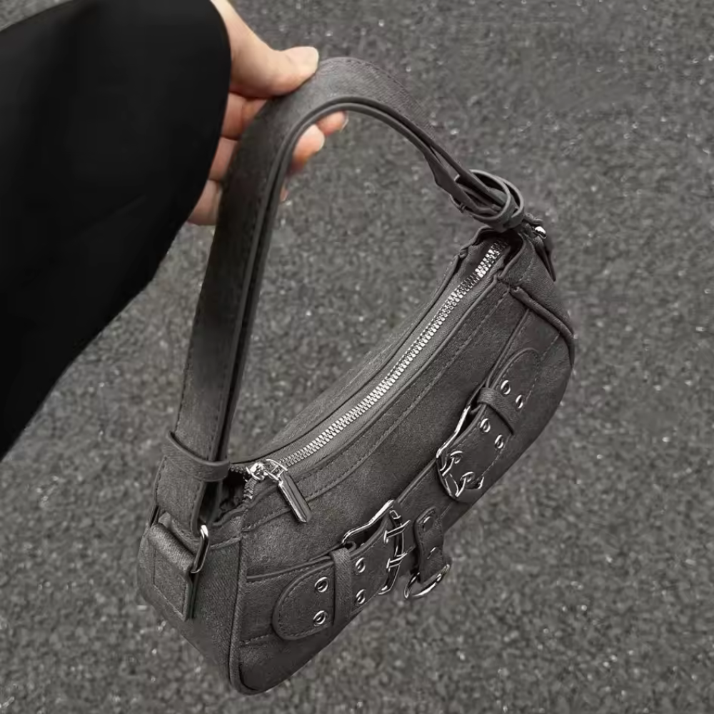 Sac Bandoulière en Cuir Végan Gris | Design Élégant à Double Boucle