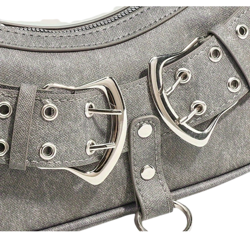 Sac Bandoulière en Cuir Végan Gris | Design Élégant à Double Boucle