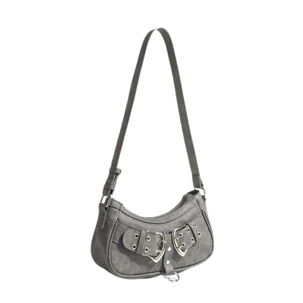 Sac Bandoulière en Cuir Végan Gris | Design Élégant à Double Boucle