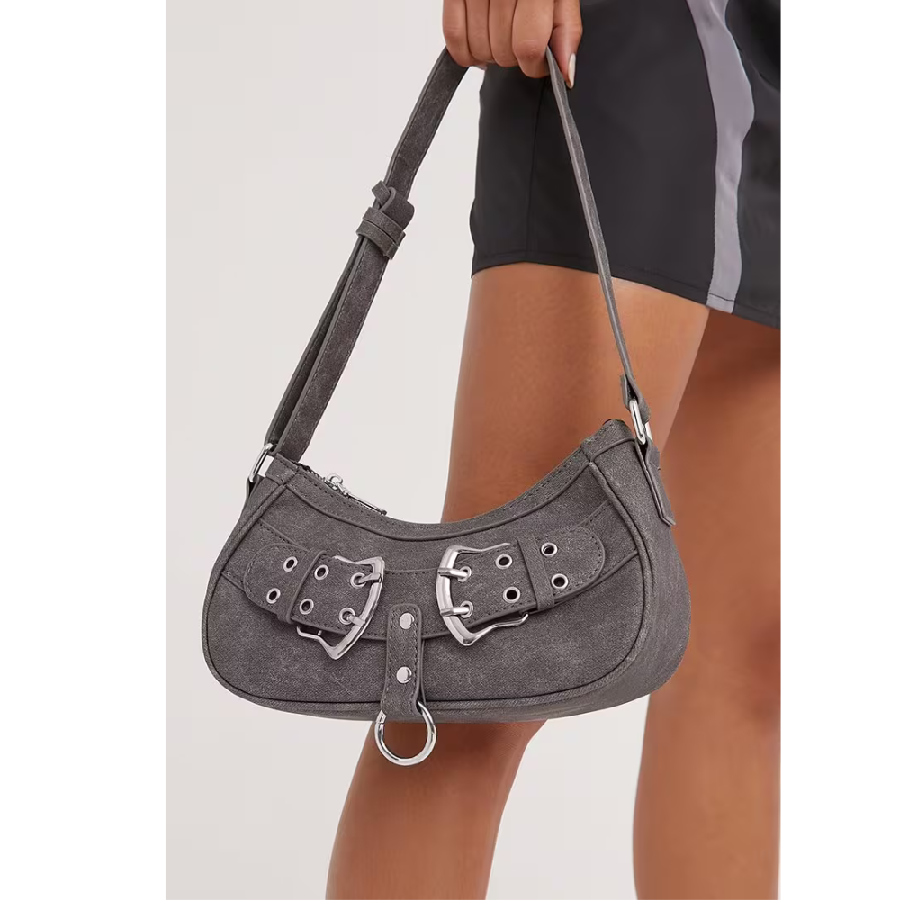 Sac Bandoulière en Cuir Végan Gris | Design Élégant à Double Boucle