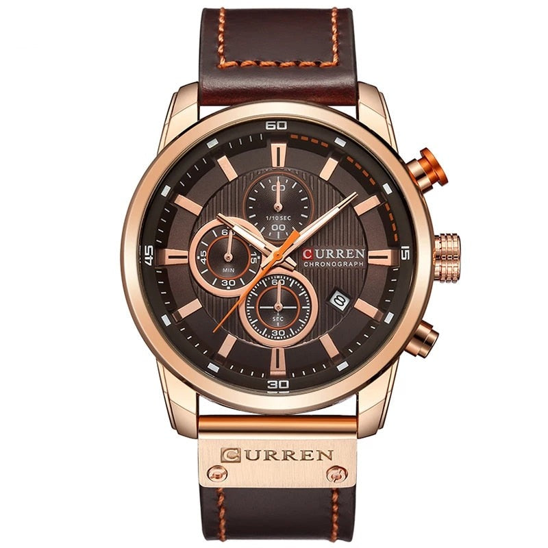 Montre à Quartz Analogique pour Homme avec bracelet en cuir marron
