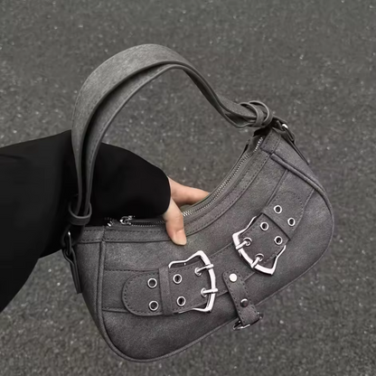 Sac Bandoulière en Cuir Végan Gris | Design Élégant à Double Boucle