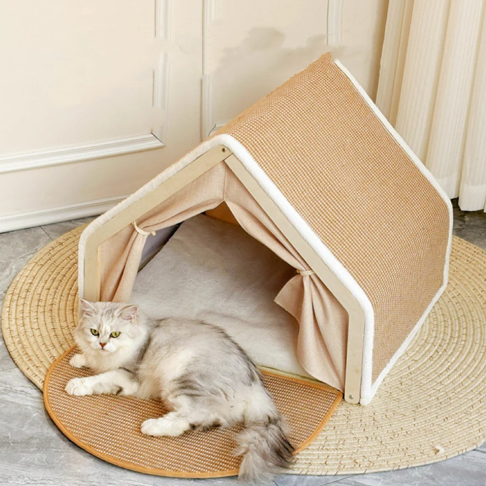 Maison pour Chat en Bois avec Rampe en Sisal | Dormir & Griffer