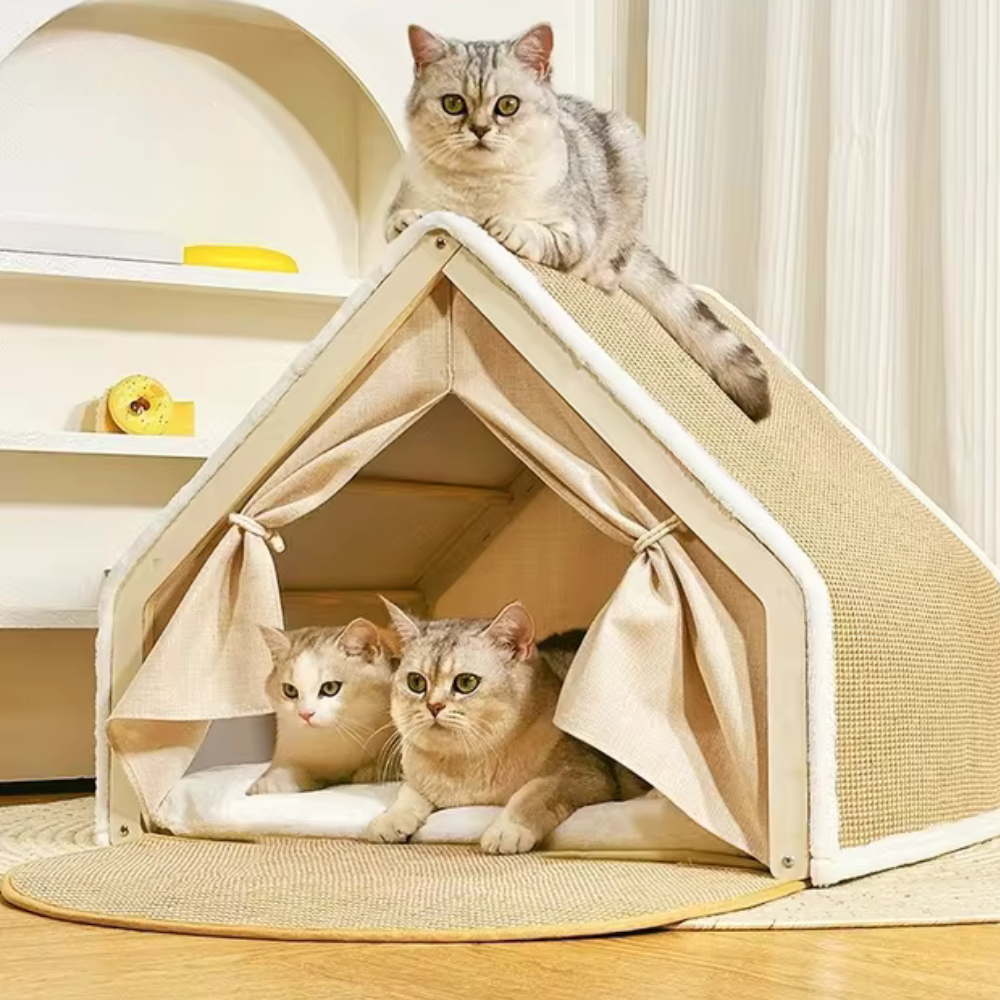 Maison pour Chat en Bois avec Rampe en Sisal | Dormir & Griffer